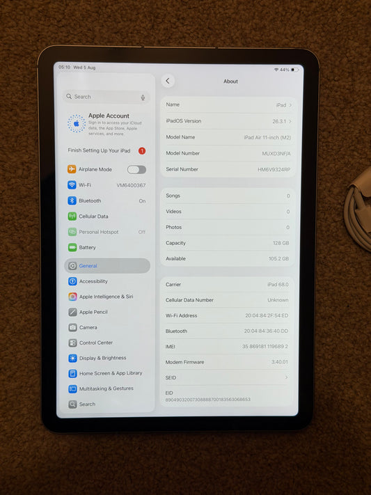 Apple iPad Air 11 inch M2 (2024) 128gb WiFi/Cellular - Fully Working / No Touch ID!