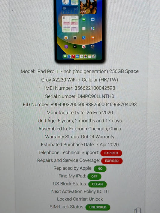 Apple iPad Pro 11 inch 2nd Gen (2020) 256gb Wifi/Cellular - Logic Board Fault - Repairs.