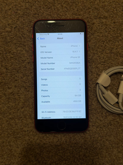 Apple iPhone SE 2nd Gen (2022) - 64gb Red (Unlocked) - Faulty Screen!