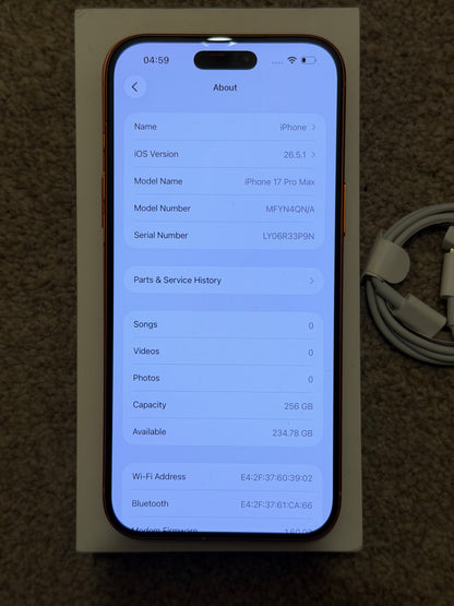 Apple iPhone 17 Pro Max - Cosmic Orange - 256gb (Unlocked) - Faulty Front/Rear Cameras!