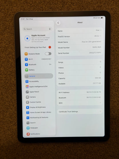 Apple iPad Air 10.9 inch 5th gen (M1) 2022 256gb WiFi - Fully Working / No Touch ID!
