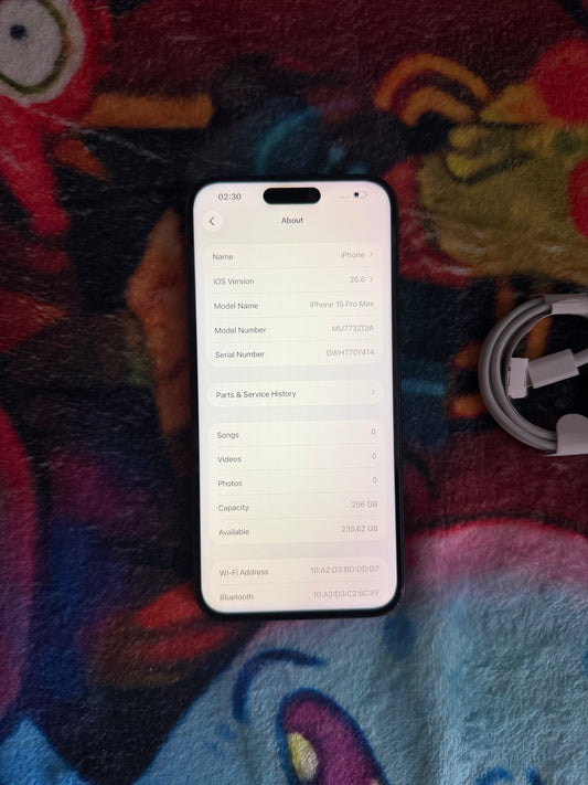 Apple iPhone 15 Pro Max 256gb Black (Unlocked) - Fully Working / No Face ID!