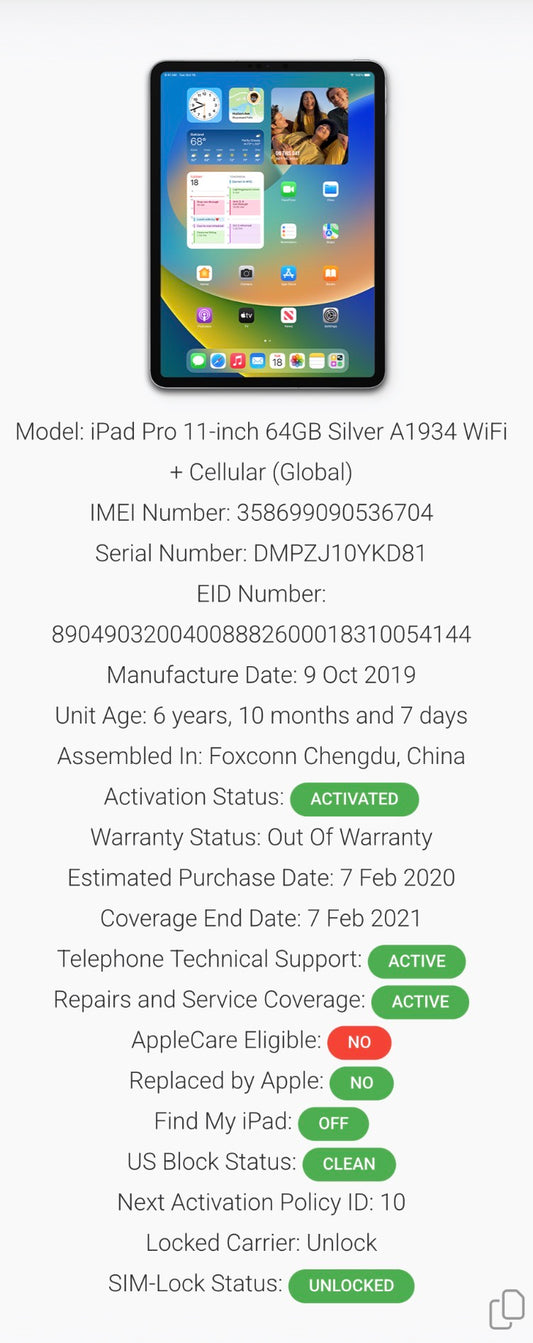 Apple iPad Pro 11 inch 1st Gen 64gb WiFi/Cellular - Silver. Faulty/No Power!