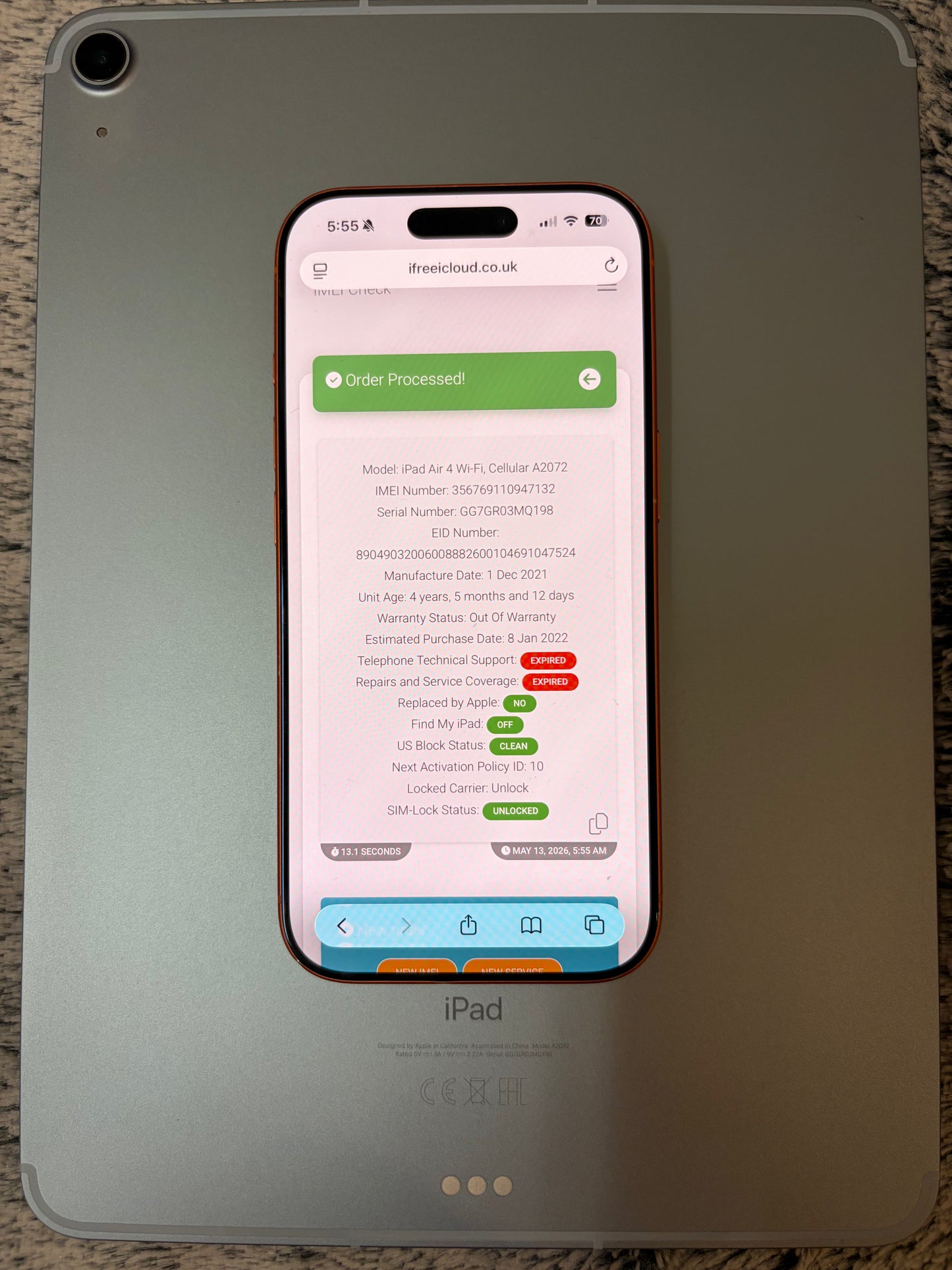 Apple iPad Air 4th Generation 256gb WiFi/Cellular - Board Fault. FAULTY