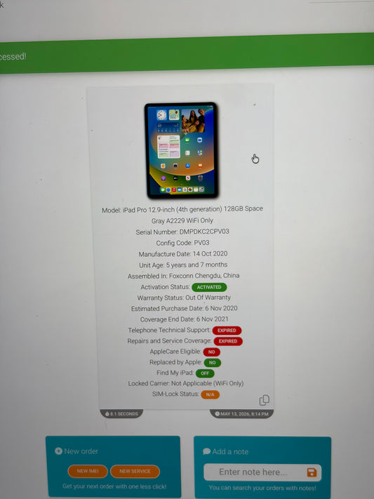 Apple iPad Pro 12.9 inch 4th Gen 128gb WiFi - Damaged Screen - Needs REPAIR.