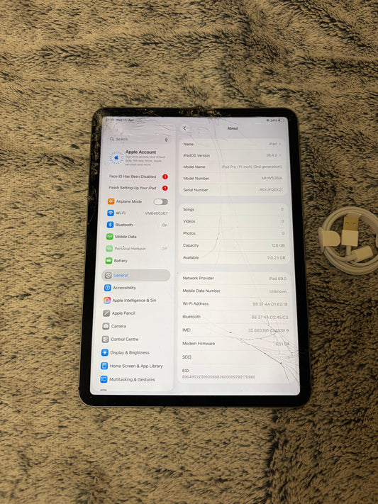 Apple iPad Pro 11 inch 3rd Gen (M1-2021) 128gb WiFi/Cellular - Cracked Glass - REPAIR!