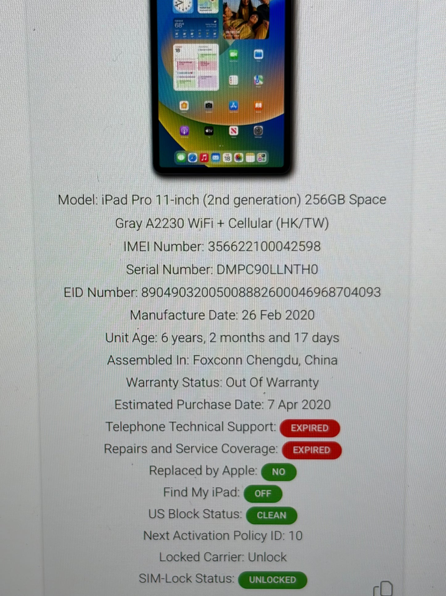 Apple iPad Pro 11 inch 2nd Gen (2020) 256gb Wifi/Cellular - Logic Board Fault - Repairs.