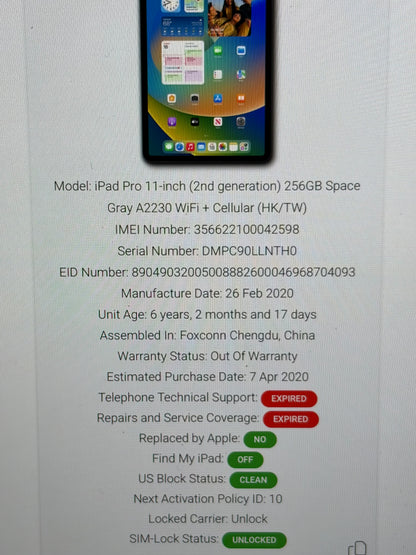 Apple iPad Pro 11 inch 2nd Gen (2020) 256gb Wifi/Cellular - Logic Board Fault - Repairs.