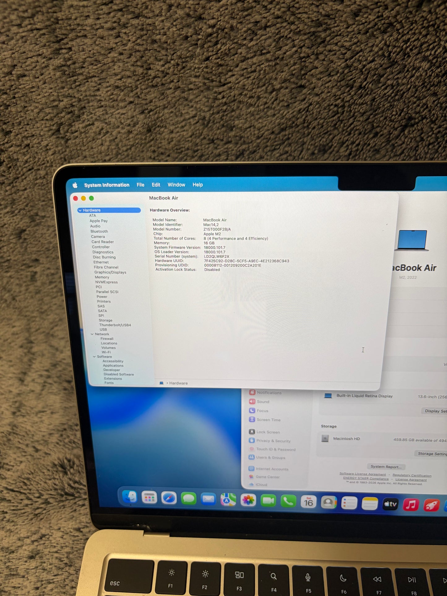 Apple Macbook Air 13 inch 2022 - M2, 16gb RAM, 512gb SSD - MDM Bypassed.